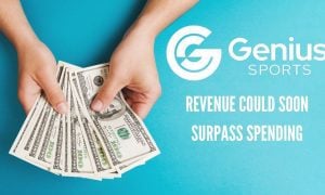 pair of hands holding several us hundred dollar bills next to the genius sports logo