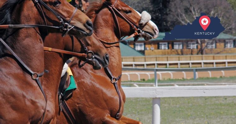 race horses line up next to outline of kentucky