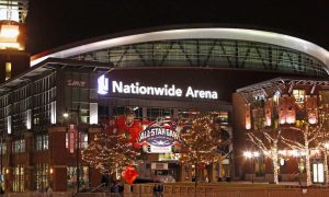 exterior shot of nationwide arena in columbus ohio during the 2015 nhl all-star game