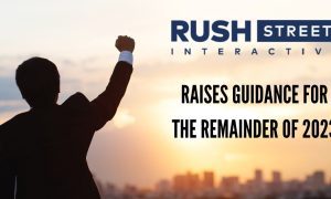 person raises arm representing rush street interactive's elevated 2023 revenue guidance