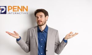 person shrugging shoulders with a bewildered look next to the penn interactive logo