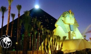 A Sphinx In Front Of The Luxor Hotel and Casino In Las Vegas with MGM Resorts logo