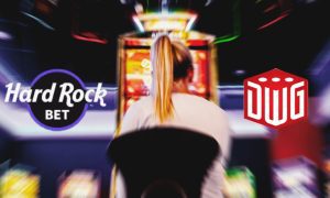 Blurred Image Person Playing Slot Machine with DWG and Hard Rock Bet logos