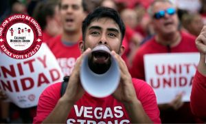 Members of the Las Vegas Casino Culinary Workers Union Rally and their logo