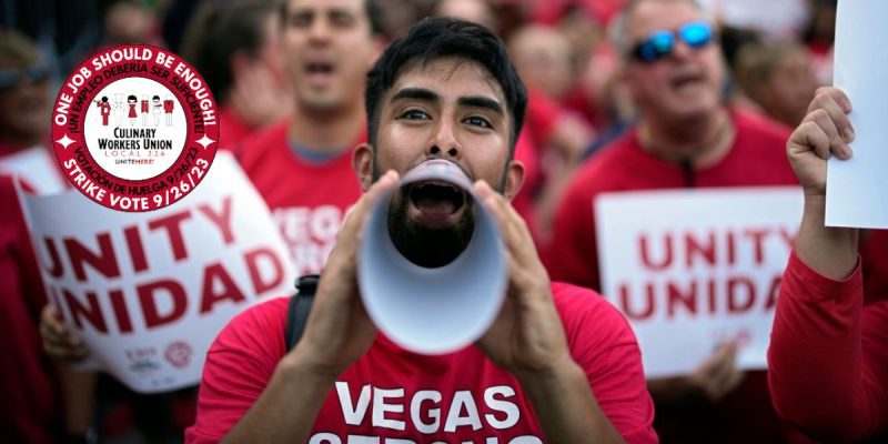 Members of the Las Vegas Casino Culinary Workers Union Rally and their logo