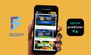 Mobile Device Displays Sports Predictor App with Boom Entertainment logo