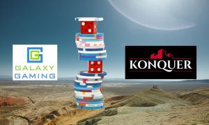 Other-Wordly Desert Landscape with Dice And Poker Chips Tower and Galaxy Gaming, Konquer logos