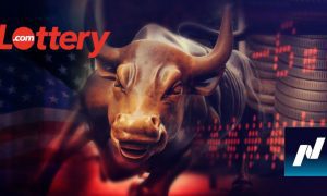 Wall Street Bull Statue, American Flag, Stock Exchange Graphic with Lottery.com and NASDAQ logos