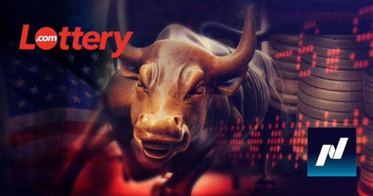 Wall Street Bull Statue, American Flag, Stock Exchange Graphic with Lottery.com and NASDAQ logos