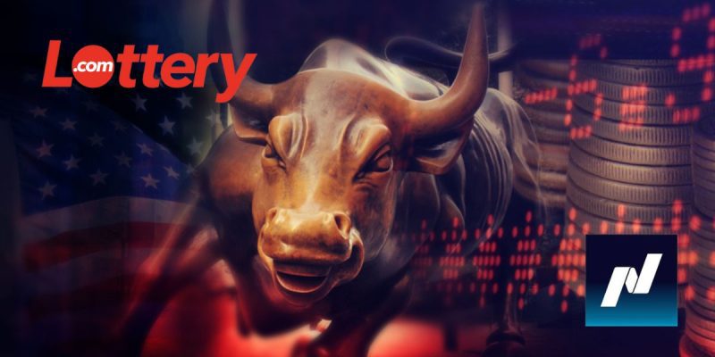 Wall Street Bull Statue, American Flag, Stock Exchange Graphic with Lottery.com and NASDAQ logos