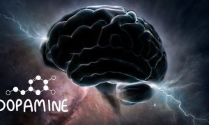 electricity jolts surrounding brain next to dopamine chemical symbol