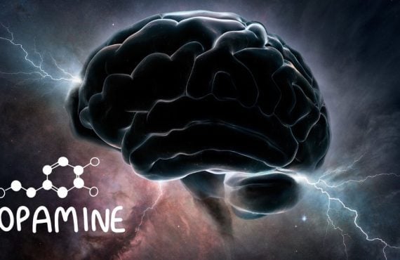 electricity jolts surrounding brain next to dopamine chemical symbol