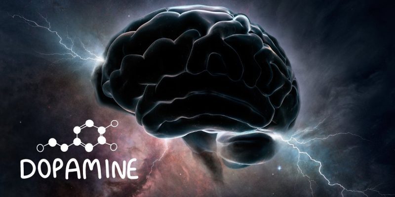 electricity jolts surrounding brain next to dopamine chemical symbol