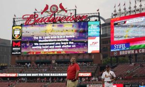 busch stadium during a weather delay