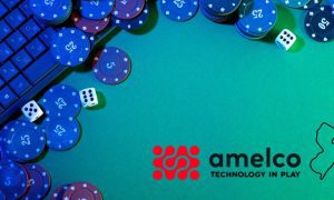 gambling chips and dice on felt table with computer next to amelco logo and new jersey outline