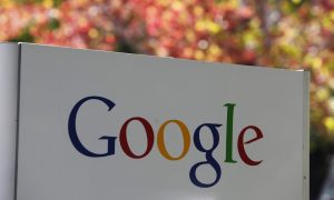 google logo on sign aside trees with fall leaves