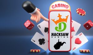 cartoon hand tapping phone with draftkings hacksaw gaming logos and west virginia outline