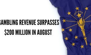 indiana flag laying next to text about august gambling revenue