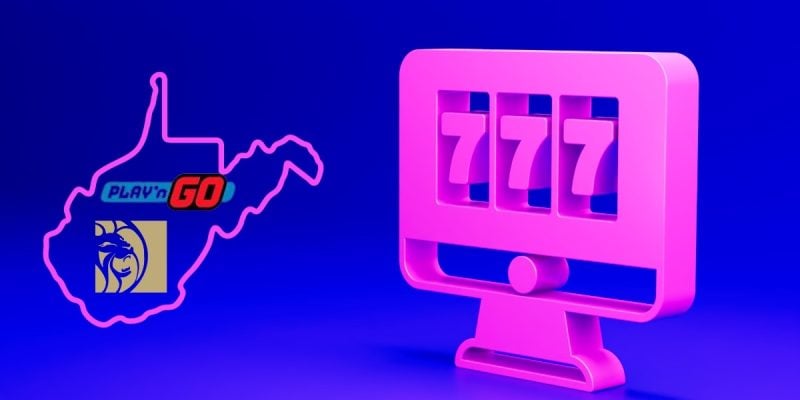 slots on computer next to west virginia outline containing betmgm and play'n go logos