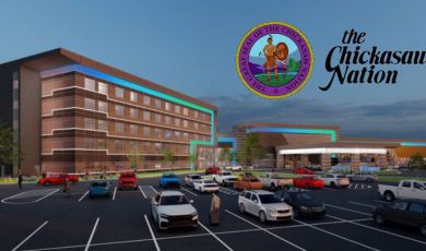 Artist's Rendering Of Lakecrest Hotel And Casino with The Chickasaw Nation logo