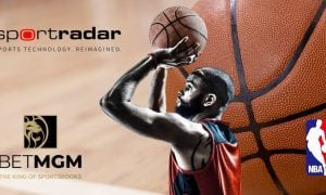 Basketball Player Free Throw with Sportradar, BetMGM and NBA logos