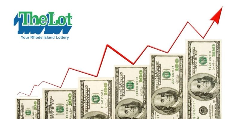 Cash And Red Arrow With Upward Financial Trajectory and Rhode Island Lottery logo