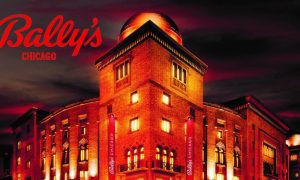 Exterior Of Bally's Chicago Casino At Medinah Temple At Night with Bally's logo