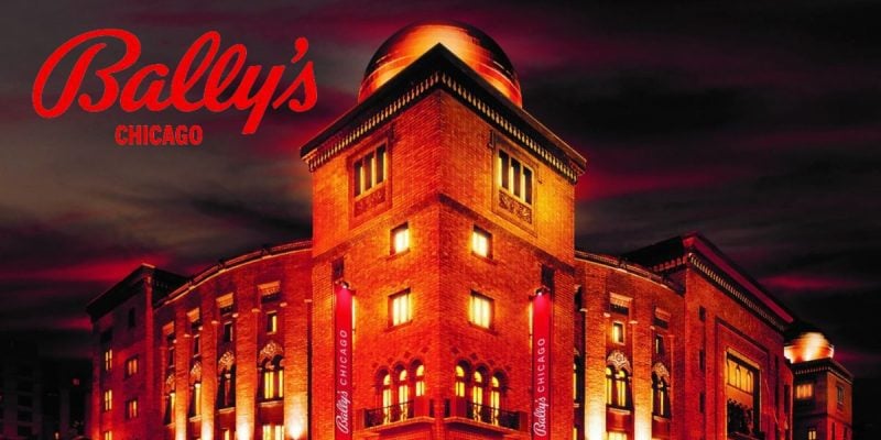 Exterior Of Bally's Chicago Casino At Medinah Temple At Night with Bally's logo