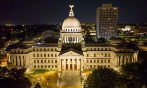 Exterior Of Mississippi State Capitol is Illuminated At Night