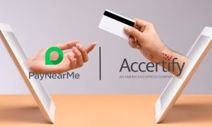 Hands Reach Through Tablet, One With Credit Card with PayNearMe and Accertify logos