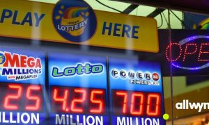 Illinois Lottery Signs Display Prizes Outside Of Shop with Allwyn North America logo