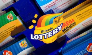 Illinois Lottery Tickets Included Mega Millions On Display with IL Lottery logo