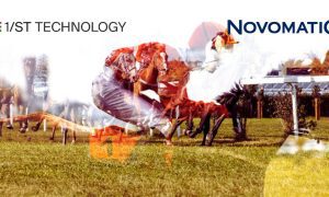 Jockey Riding A Horse Double Exposure with 1/ST Technology and Novomatic logos