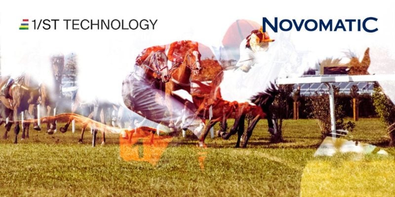 Jockey Riding A Horse Double Exposure with 1/ST Technology and Novomatic logos