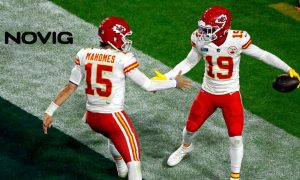 Kansas City Chiefs Quarterback Patrick Mahomes Celebrates After Touchdown with Novig logo