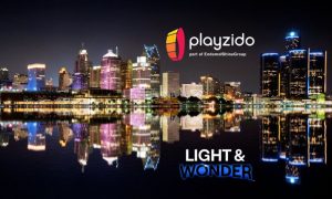 Night Skyline Of Detroit, Michigan with Playzido and Light & Wonder logos