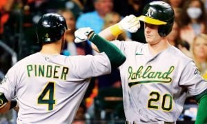 Oakland A's Chad Pinder Celebrates With Mark Canha