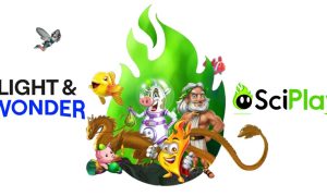 Online Game Characters On SciPlay's Website with SciPlay and Light & Wonder logos