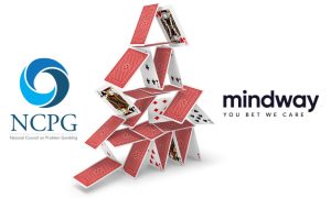 Playing Cards Stacked Like A House Falling with NCPG and Mindway AI logos
