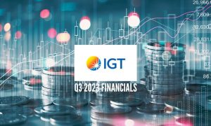 Coins stacked and Q3 2023 FINANCIALS with IGT logo