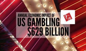 Red And White Casino Marquee Lights with annual economic impact of US gambling $629 billion and AGA logo