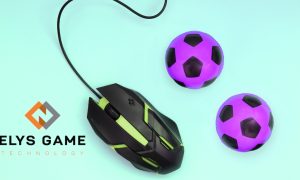 computer mouse next to soccer balls and elys game technology logo