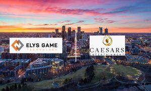 Aerial View Of Denver Colorado At Sunset with Elys Game Technology and Caesars Entertainment logos