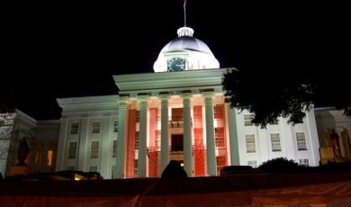 Alabama Capitol Building Lit Up Orange At Night