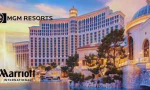 Bellagio Las Vegas Casino At Sunset with MGM Resort and Marriott logos