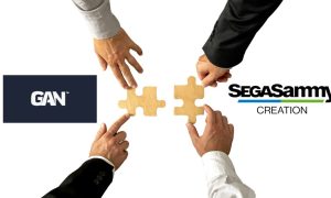 Business Men Fit Puzzle Pieces Together with GAN Limited and Sega Sammy Creation logos