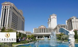 Caesars Palace Hotel-Casino Las Vegas Fountain And Buildings with Caesars Entertainment logo