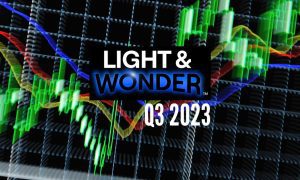 Colourful Upward Trending Financial Graph with Light & Wonder logo and Q3 2023