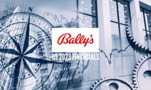 Finacial Building, Gears, Graph, Compass with Bally's logo and Q3 2023 financials
