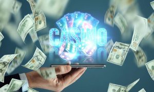Man Holds Tablet With Online Casino Lights and paper money flying around